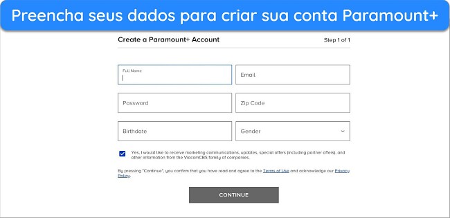 Página de criação de conta do Paramount Plus, com usuário preenchendo informações. Logo do serviço ao fundo