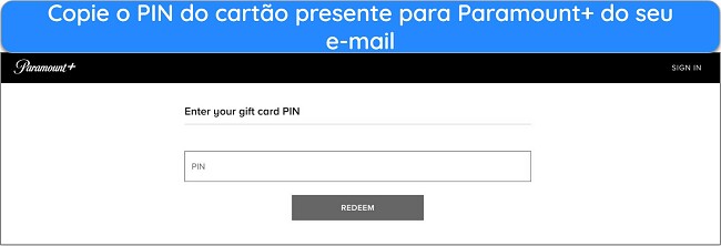 Página de resgate de cartão-presente do Paramount Plus - como assistir ao Paramount Plus de qualquer lugar