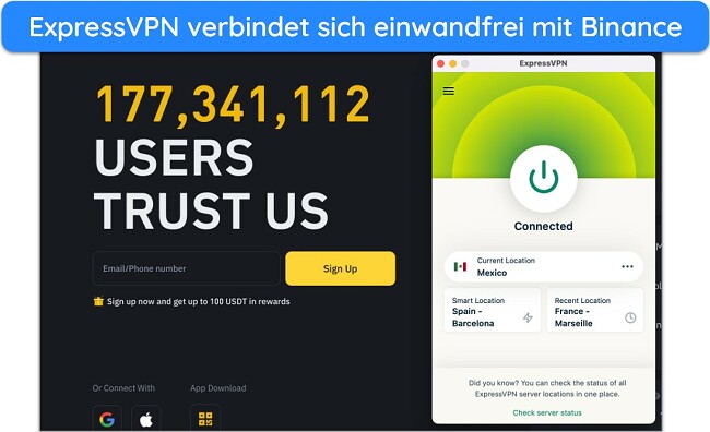 Screenshot der Binance Global Website neben der ExpressVPN-App